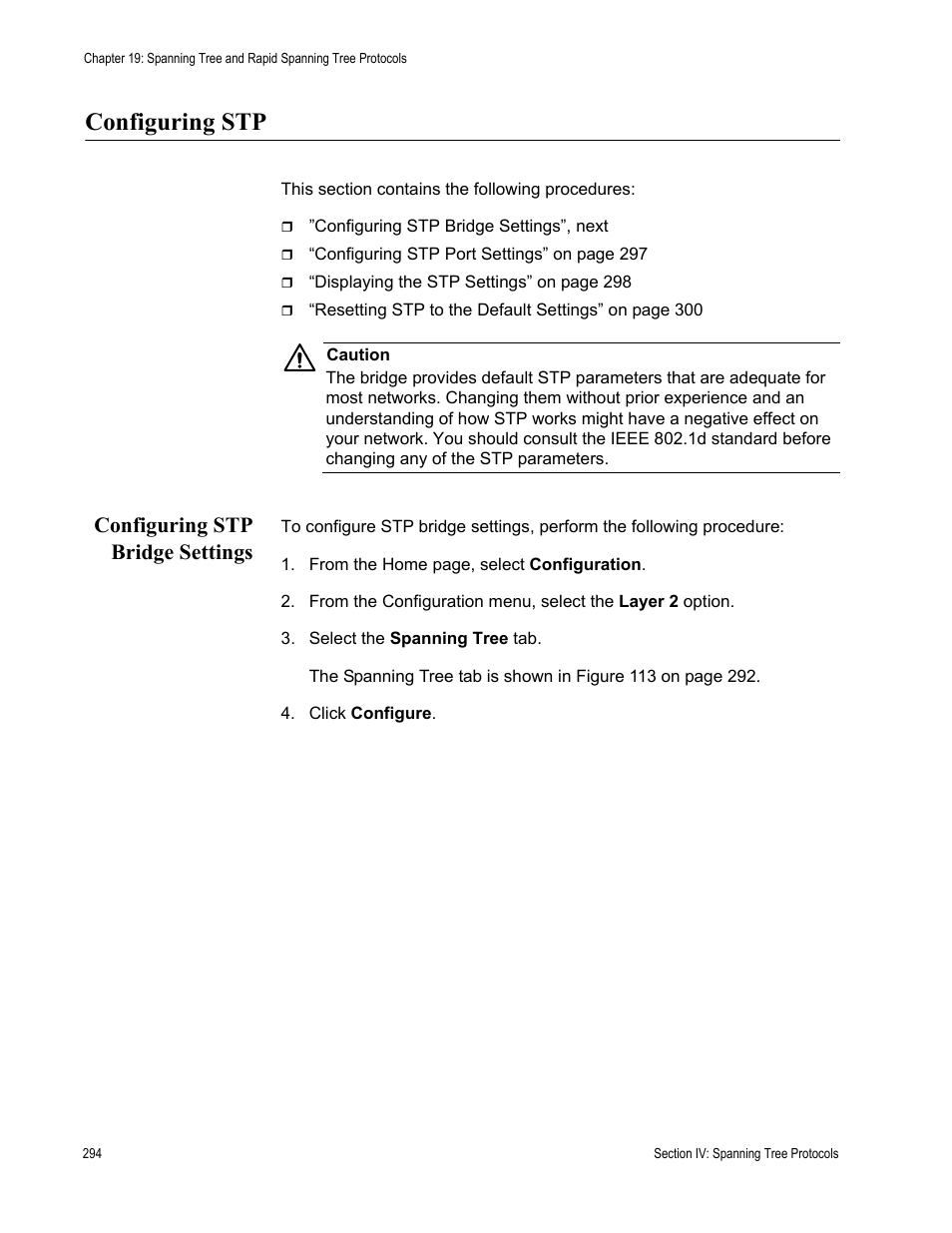 Configuring stp, Configuring stp bridge settings | Allied Telesis AT-S63 User Manual | Page 294 / 430