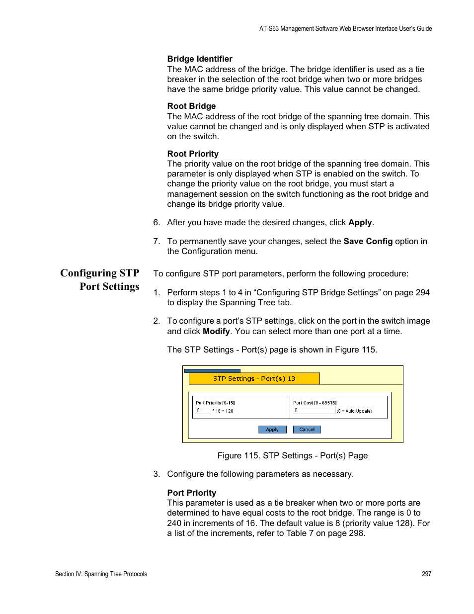 Configuring stp port settings | Allied Telesis AT-S63 User Manual | Page 297 / 430