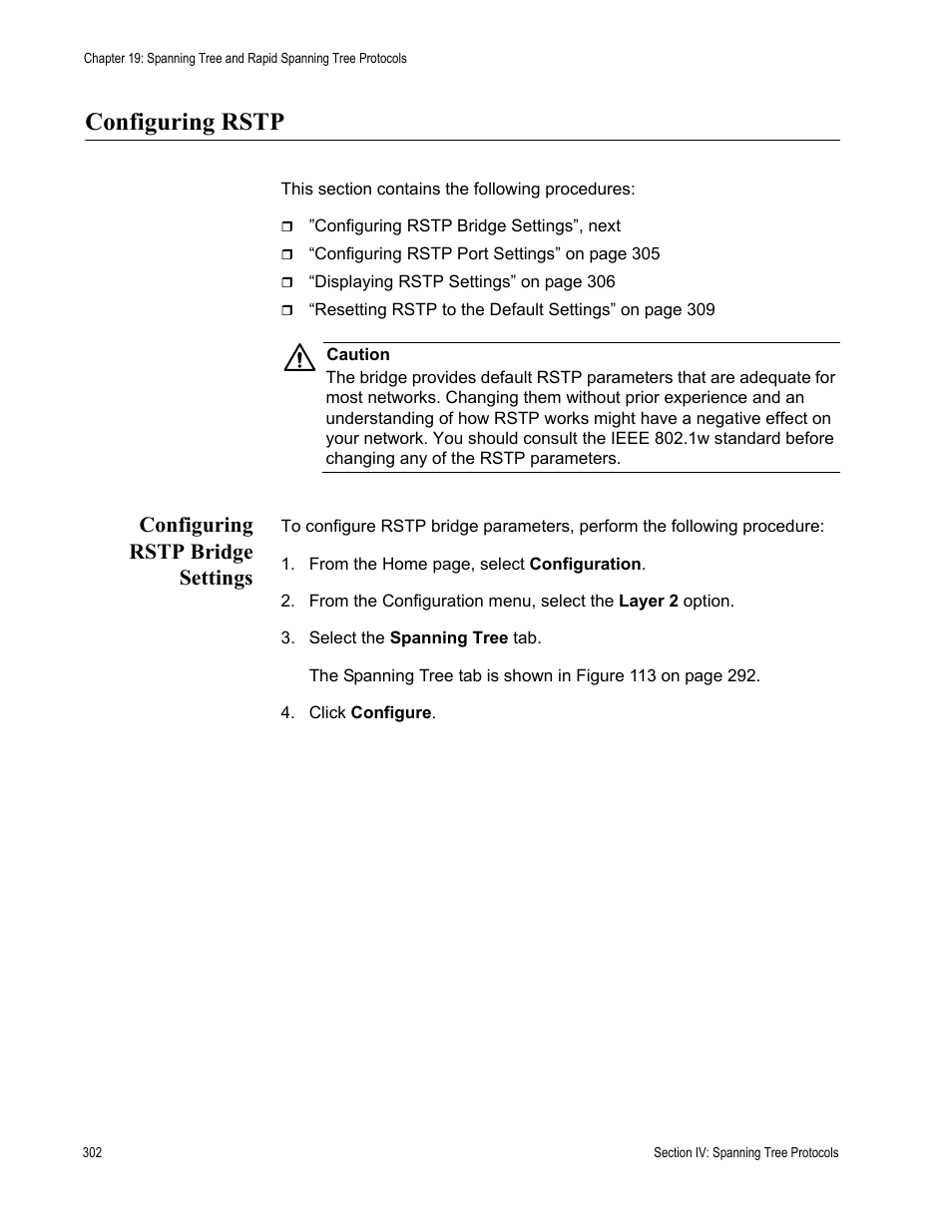Configuring rstp, Configuring rstp bridge settings | Allied Telesis AT-S63 User Manual | Page 302 / 430