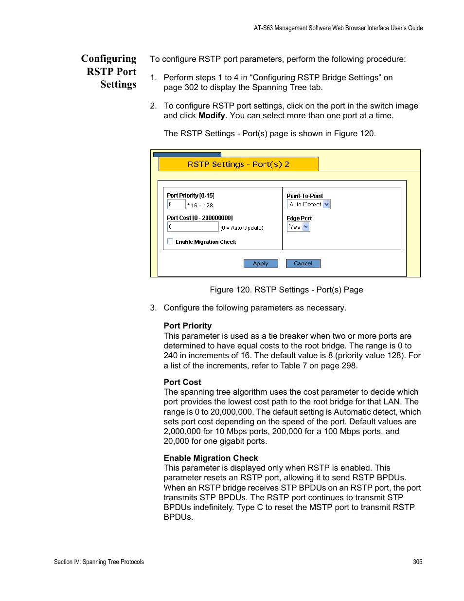 Configuring rstp port settings | Allied Telesis AT-S63 User Manual | Page 305 / 430