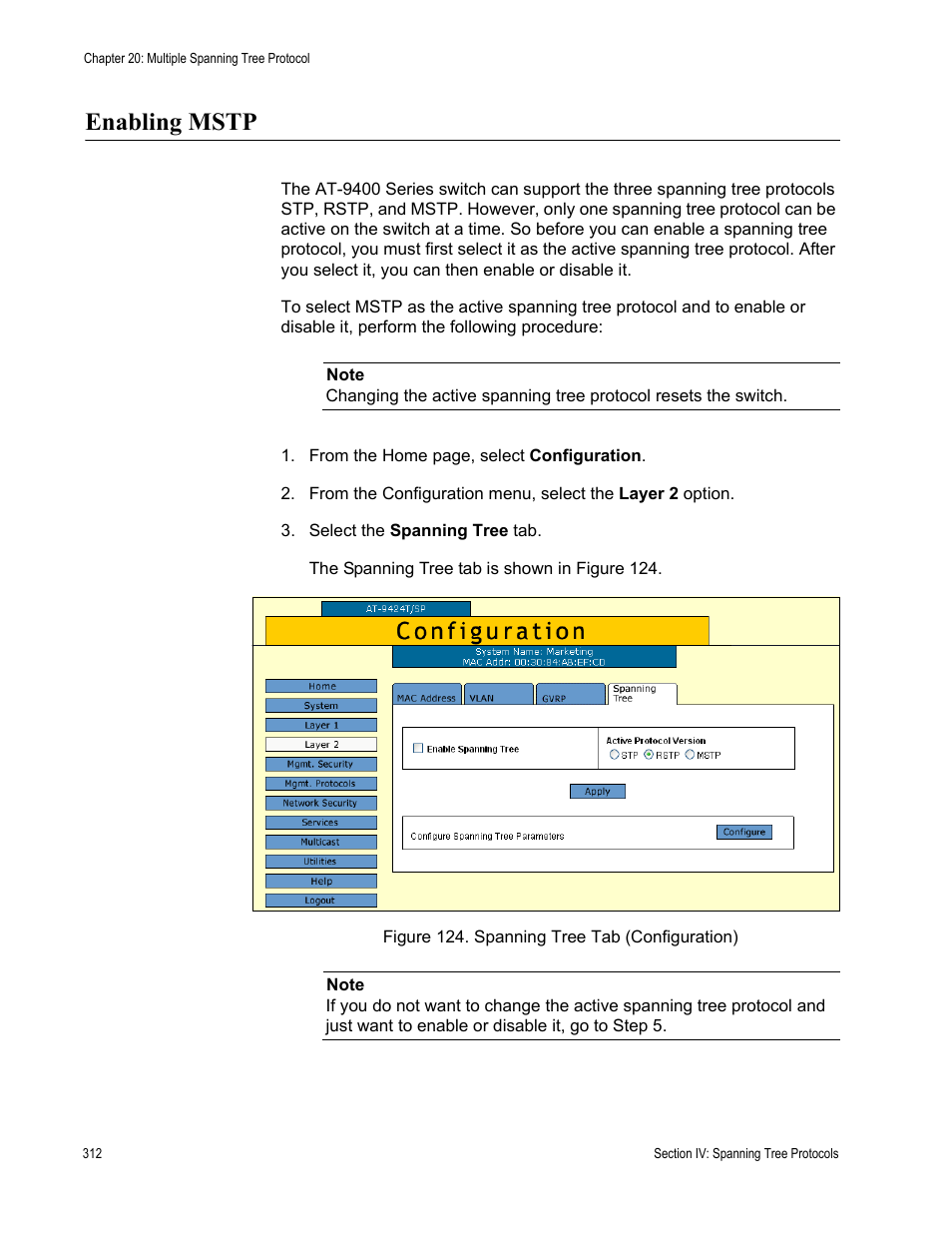 Enabling mstp, Figure 124: spanning tree tab (configuration) | Allied Telesis AT-S63 User Manual | Page 312 / 430