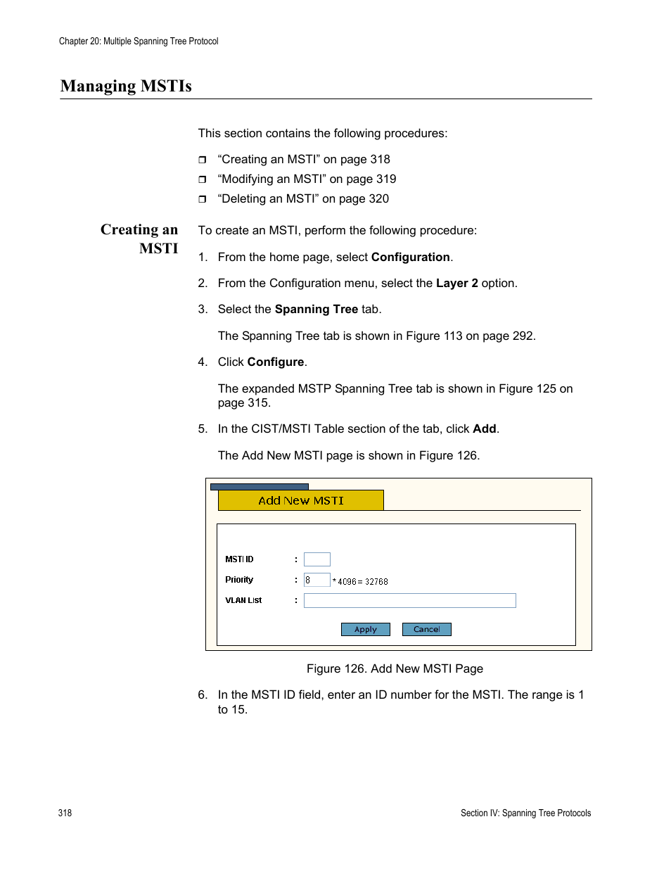 Managing mstis, Creating an msti | Allied Telesis AT-S63 User Manual | Page 318 / 430