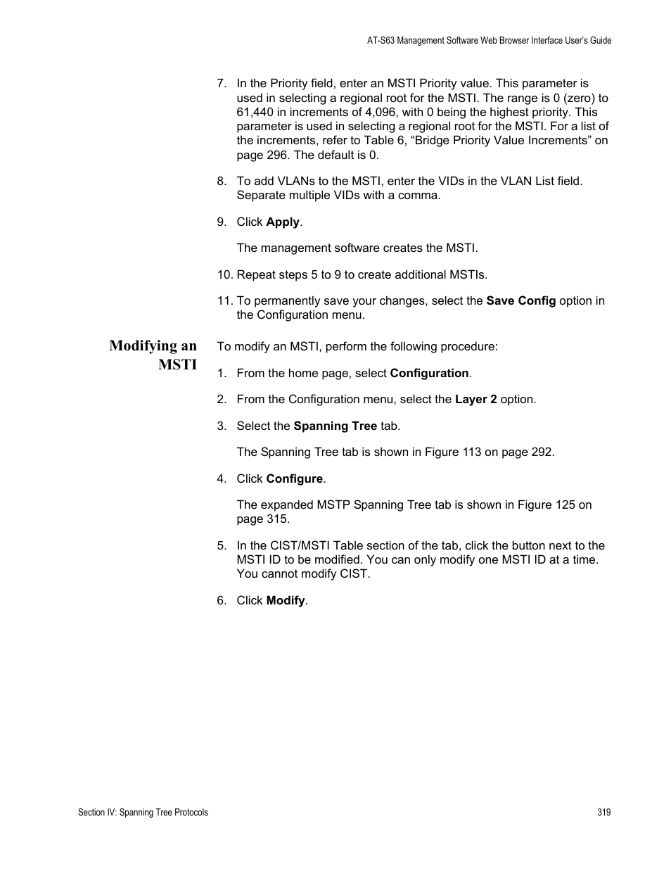 Modifying an msti | Allied Telesis AT-S63 User Manual | Page 319 / 430