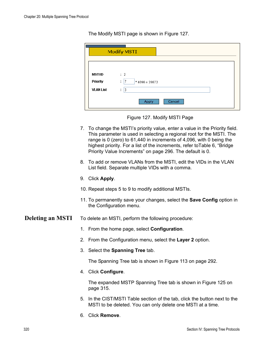 Deleting an msti | Allied Telesis AT-S63 User Manual | Page 320 / 430