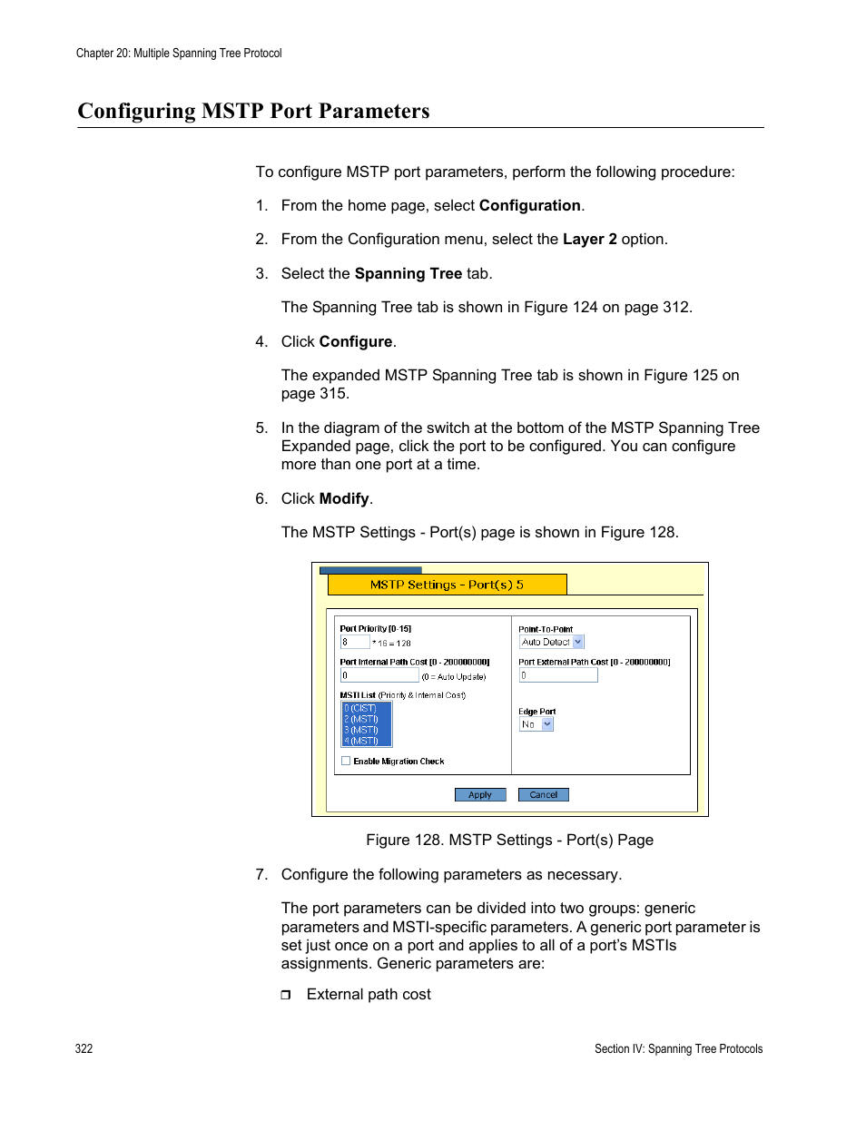 Configuring mstp port parameters | Allied Telesis AT-S63 User Manual | Page 322 / 430