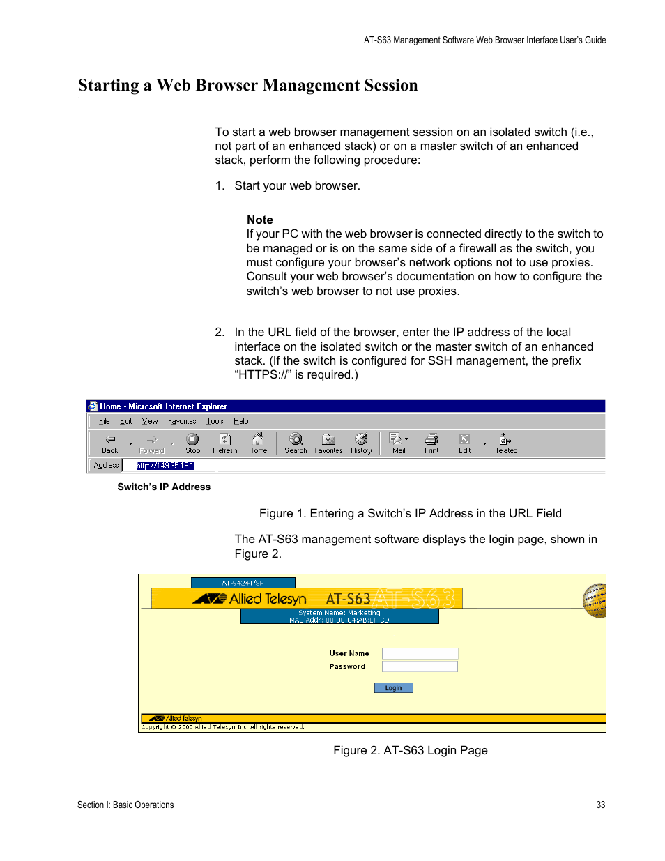 Starting a web browser management session | Allied Telesis AT-S63 User Manual | Page 33 / 430