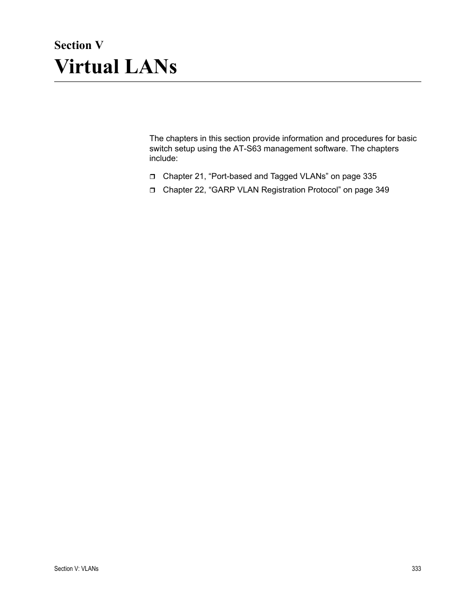Section v, Virtual lans, Section v: virtual lans | Allied Telesis AT-S63 User Manual | Page 333 / 430