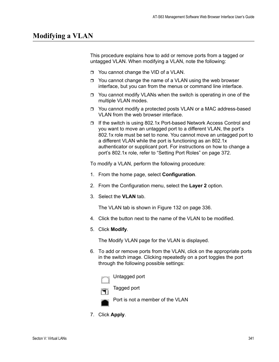 Modifying a vlan | Allied Telesis AT-S63 User Manual | Page 341 / 430