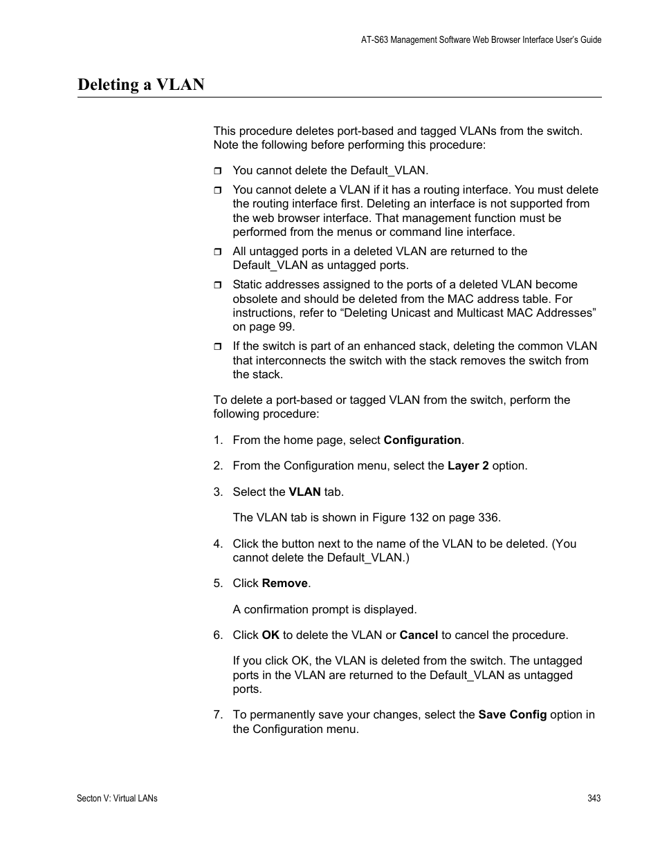 Deleting a vlan | Allied Telesis AT-S63 User Manual | Page 343 / 430