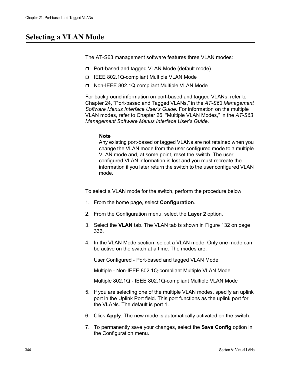 Selecting a vlan mode | Allied Telesis AT-S63 User Manual | Page 344 / 430