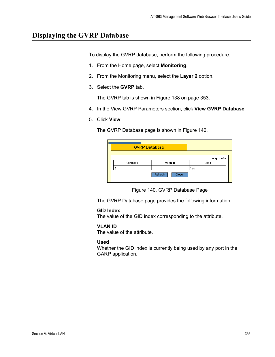 Displaying the gvrp database | Allied Telesis AT-S63 User Manual | Page 355 / 430