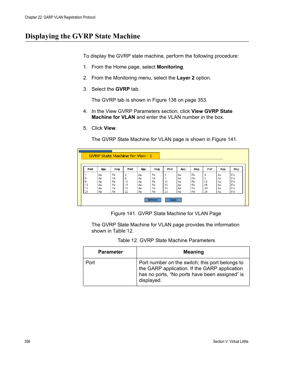Displaying the gvrp state machine, Table 15: gvrp state machine parameters | Allied Telesis AT-S63 User Manual | Page 356 / 430