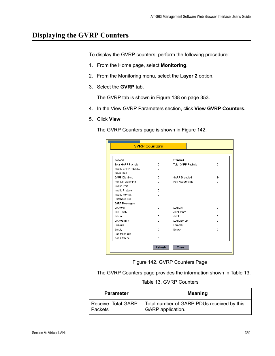 Displaying the gvrp counters, Gvrp counters | Allied Telesis AT-S63 User Manual | Page 359 / 430