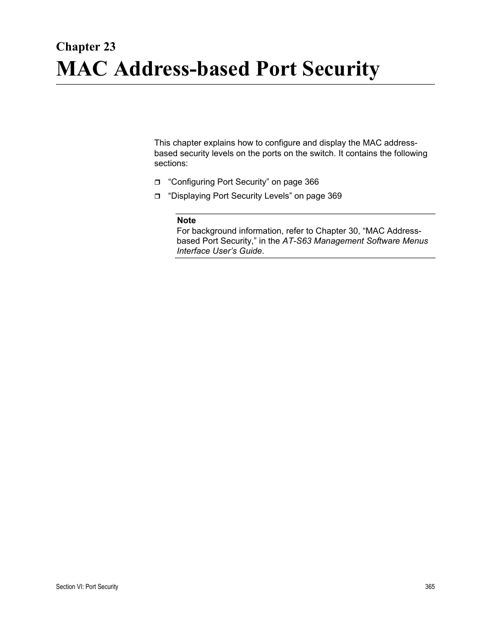 Chapter 23, Mac address-based port security, Chapter 23: mac address-based port security | Allied Telesis AT-S63 User Manual | Page 365 / 430