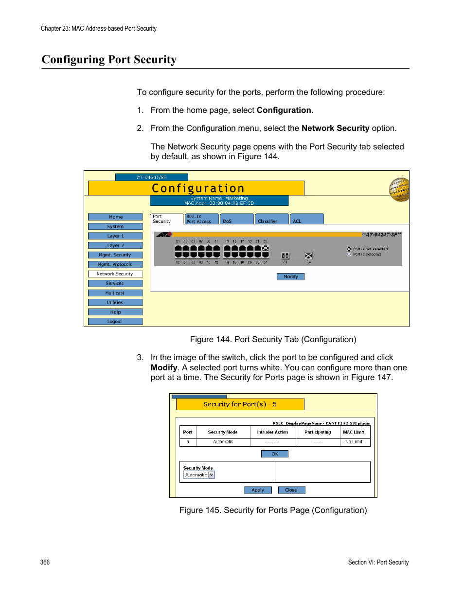 Configuring port security | Allied Telesis AT-S63 User Manual | Page 366 / 430