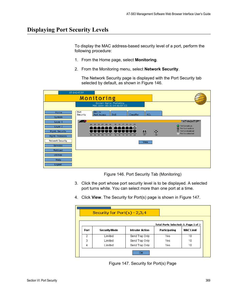 Displaying port security levels | Allied Telesis AT-S63 User Manual | Page 369 / 430