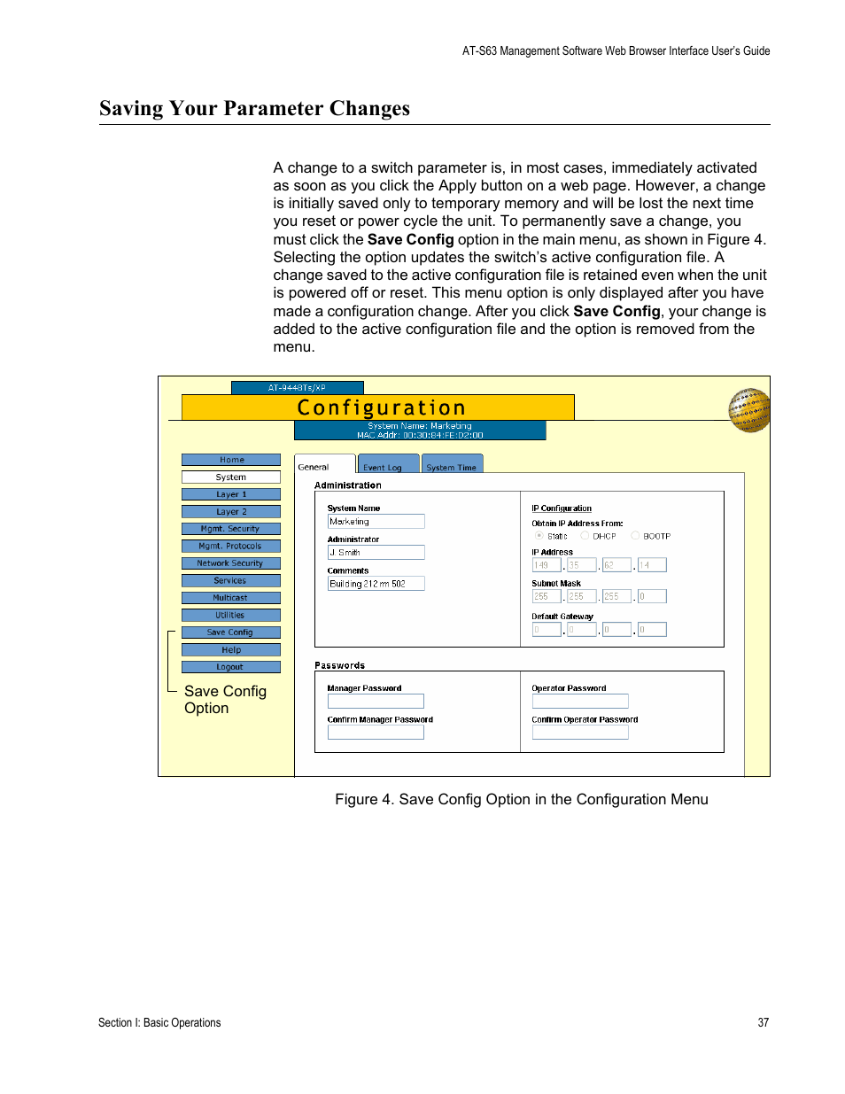 Saving your parameter changes | Allied Telesis AT-S63 User Manual | Page 37 / 430
