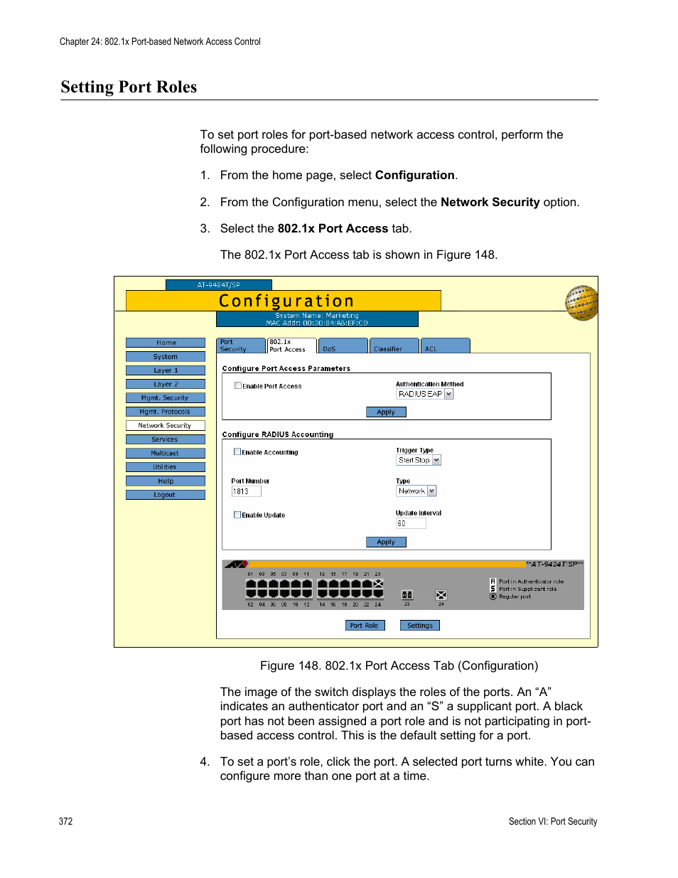 Setting port roles, Figure 148: 802.1x port access tab (configuration) | Allied Telesis AT-S63 User Manual | Page 372 / 430