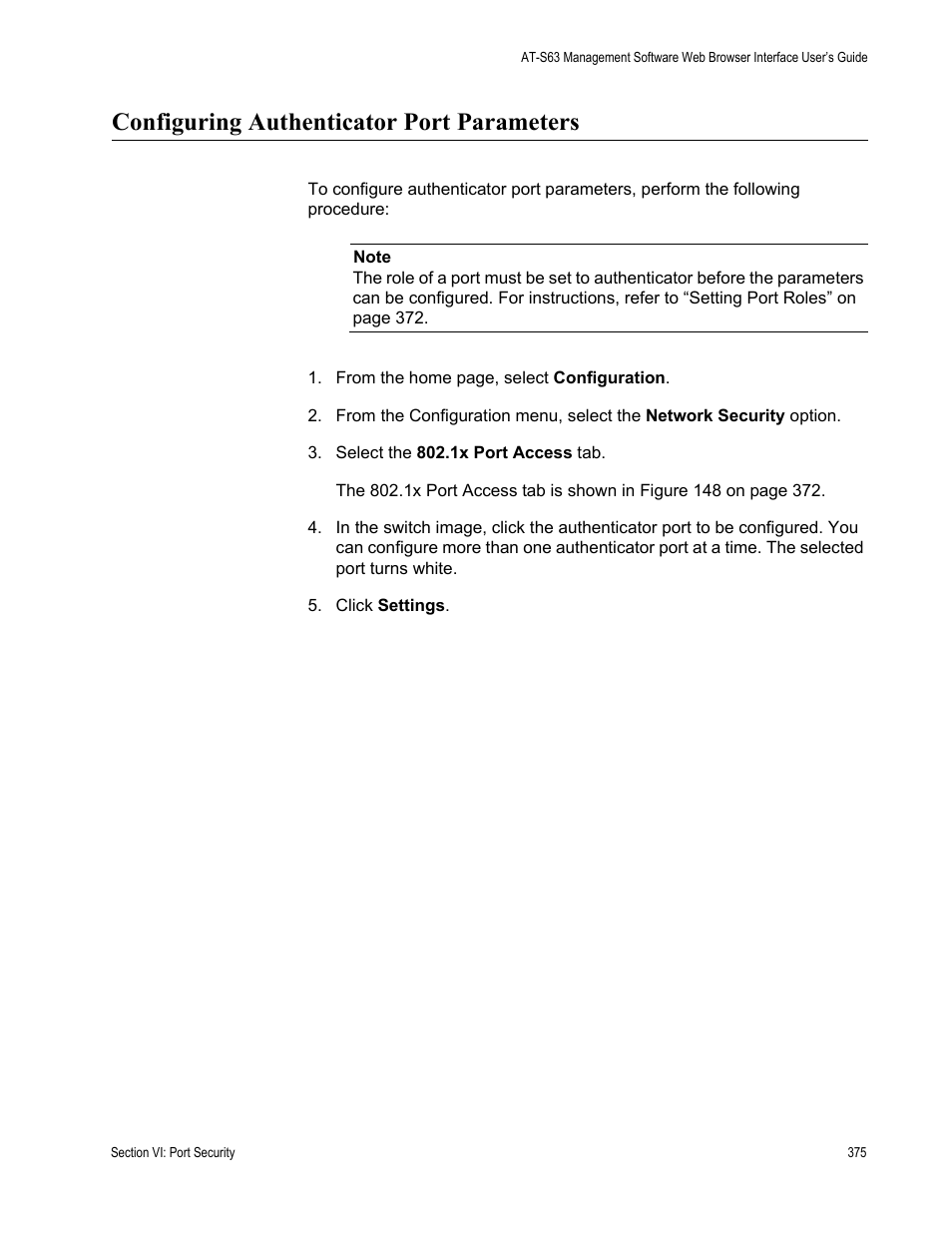 Configuring authenticator port parameters | Allied Telesis AT-S63 User Manual | Page 375 / 430