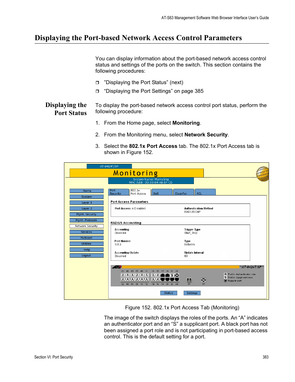 Displaying the port status, Figure 152: 802.1x port access tab (monitoring) | Allied Telesis AT-S63 User Manual | Page 383 / 430