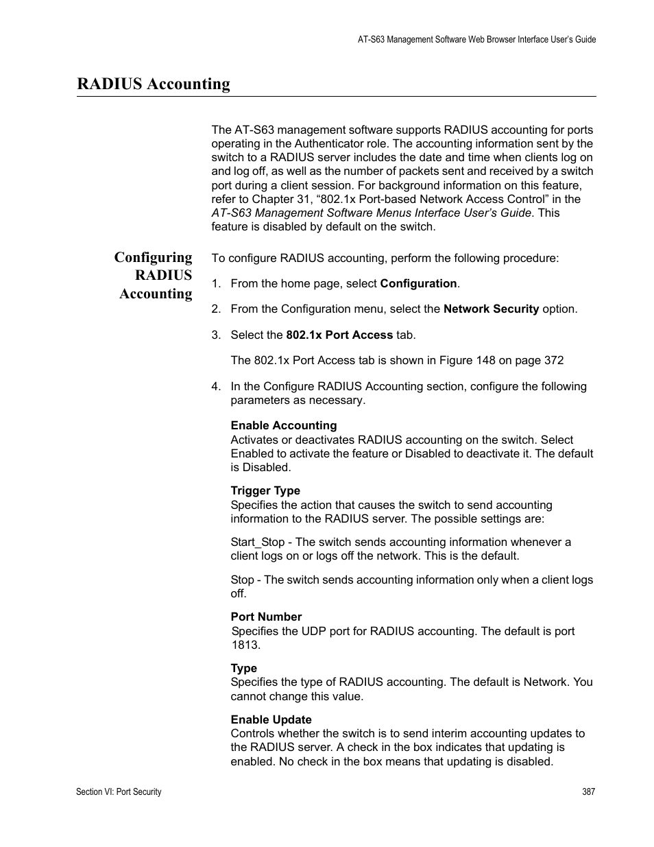 Radius accounting, Configuring radius accounting | Allied Telesis AT-S63 User Manual | Page 387 / 430