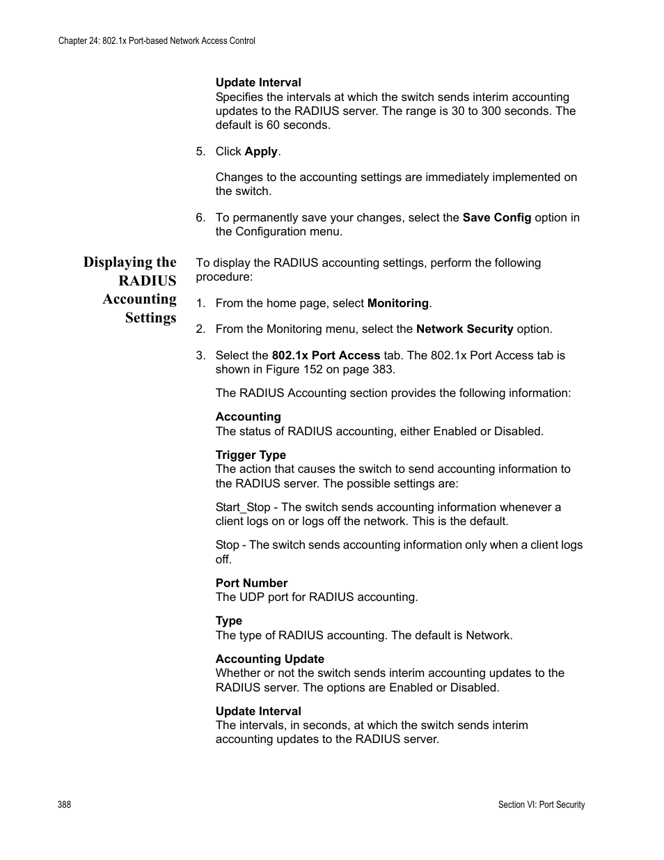 Displaying the radius accounting settings | Allied Telesis AT-S63 User Manual | Page 388 / 430