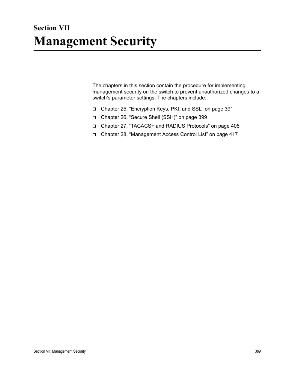Section vii, Management security, Section vii: management security | Allied Telesis AT-S63 User Manual | Page 389 / 430