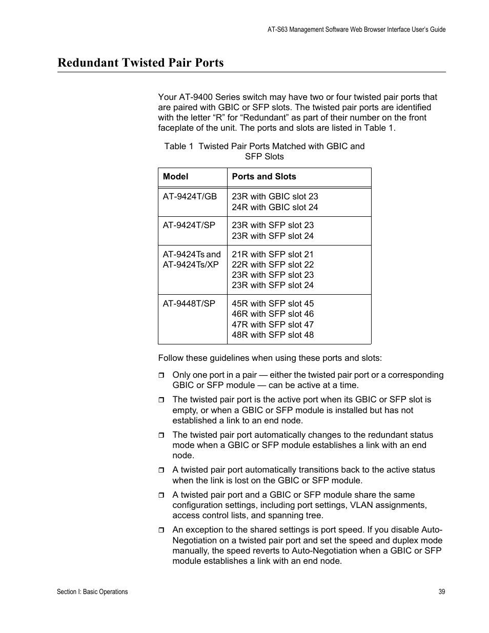 Redundant twisted pair ports | Allied Telesis AT-S63 User Manual | Page 39 / 430