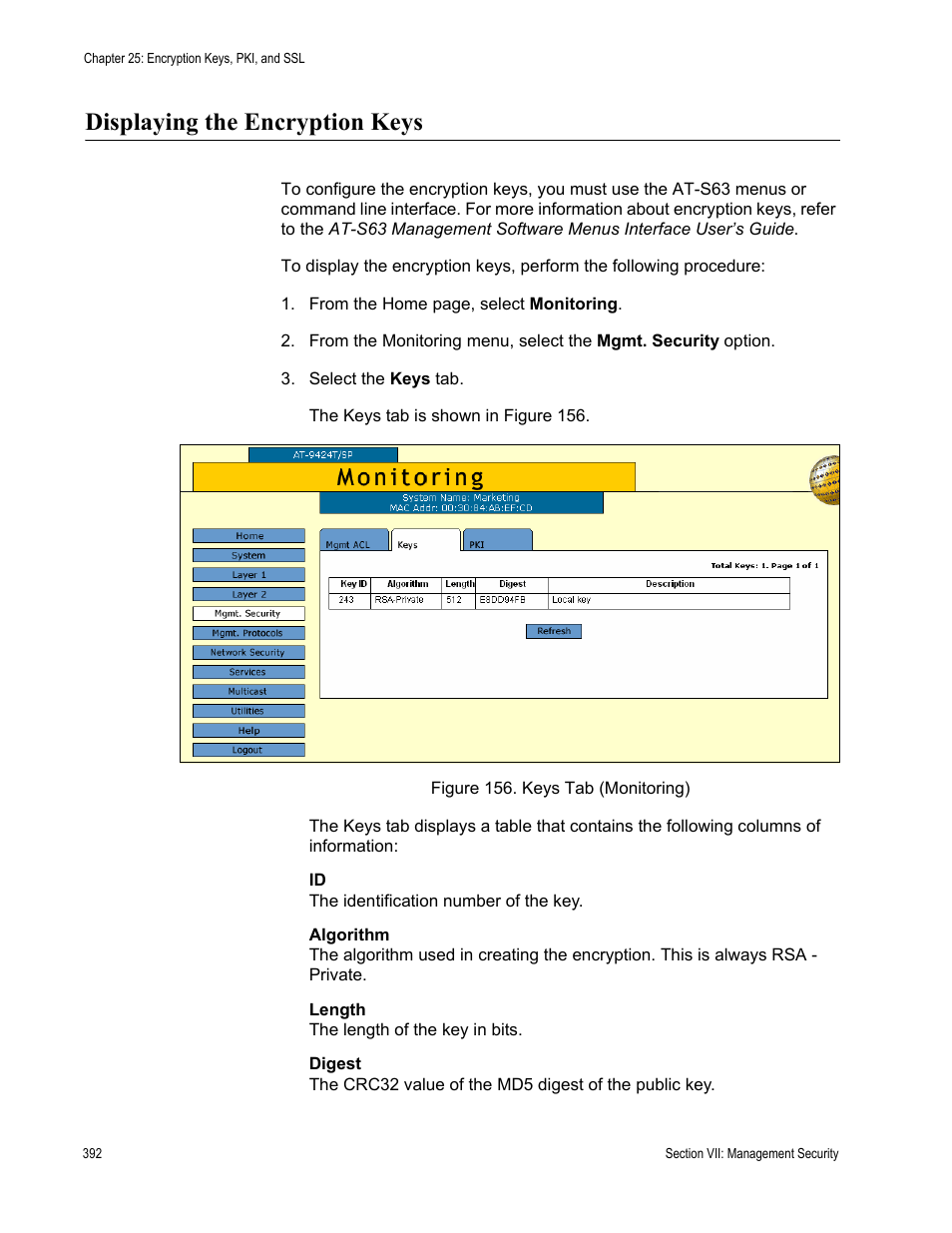 Displaying the encryption keys, Figure 156: keys tab (monitoring) | Allied Telesis AT-S63 User Manual | Page 392 / 430