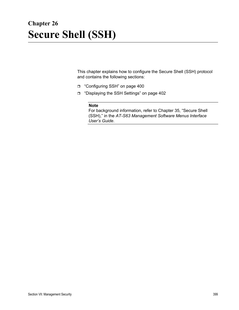 Chapter 26, Secure shell (ssh), Chapter 26: secure shell (ssh) | Allied Telesis AT-S63 User Manual | Page 399 / 430