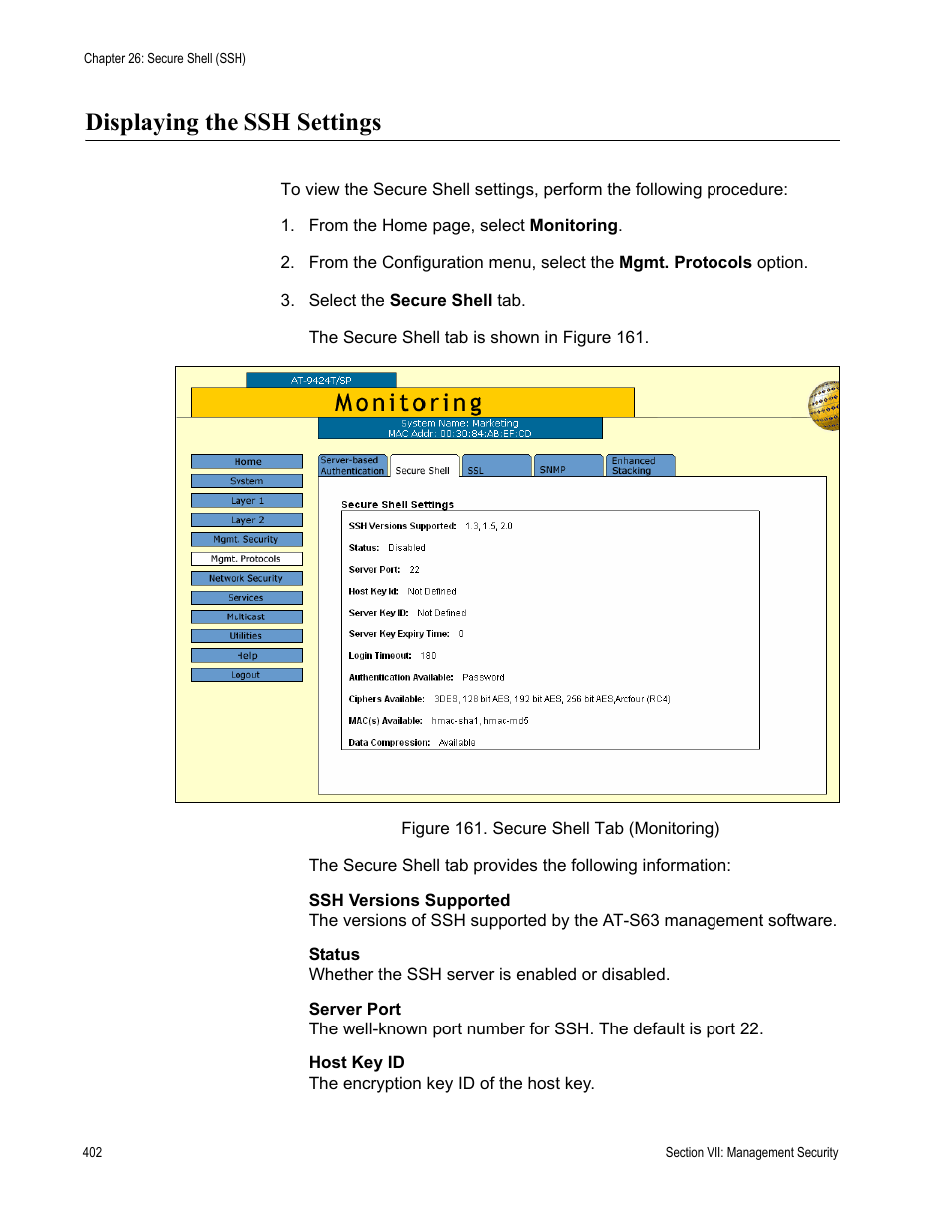 Displaying the ssh settings, Figure 161: secure shell tab (monitoring) | Allied Telesis AT-S63 User Manual | Page 402 / 430