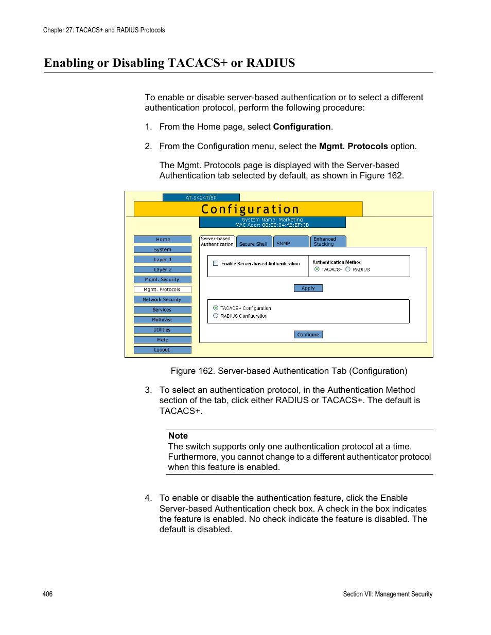 Enabling or disabling tacacs+ or radius | Allied Telesis AT-S63 User Manual | Page 406 / 430