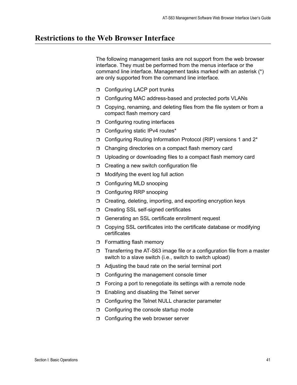 Restrictions to the web browser interface | Allied Telesis AT-S63 User Manual | Page 41 / 430