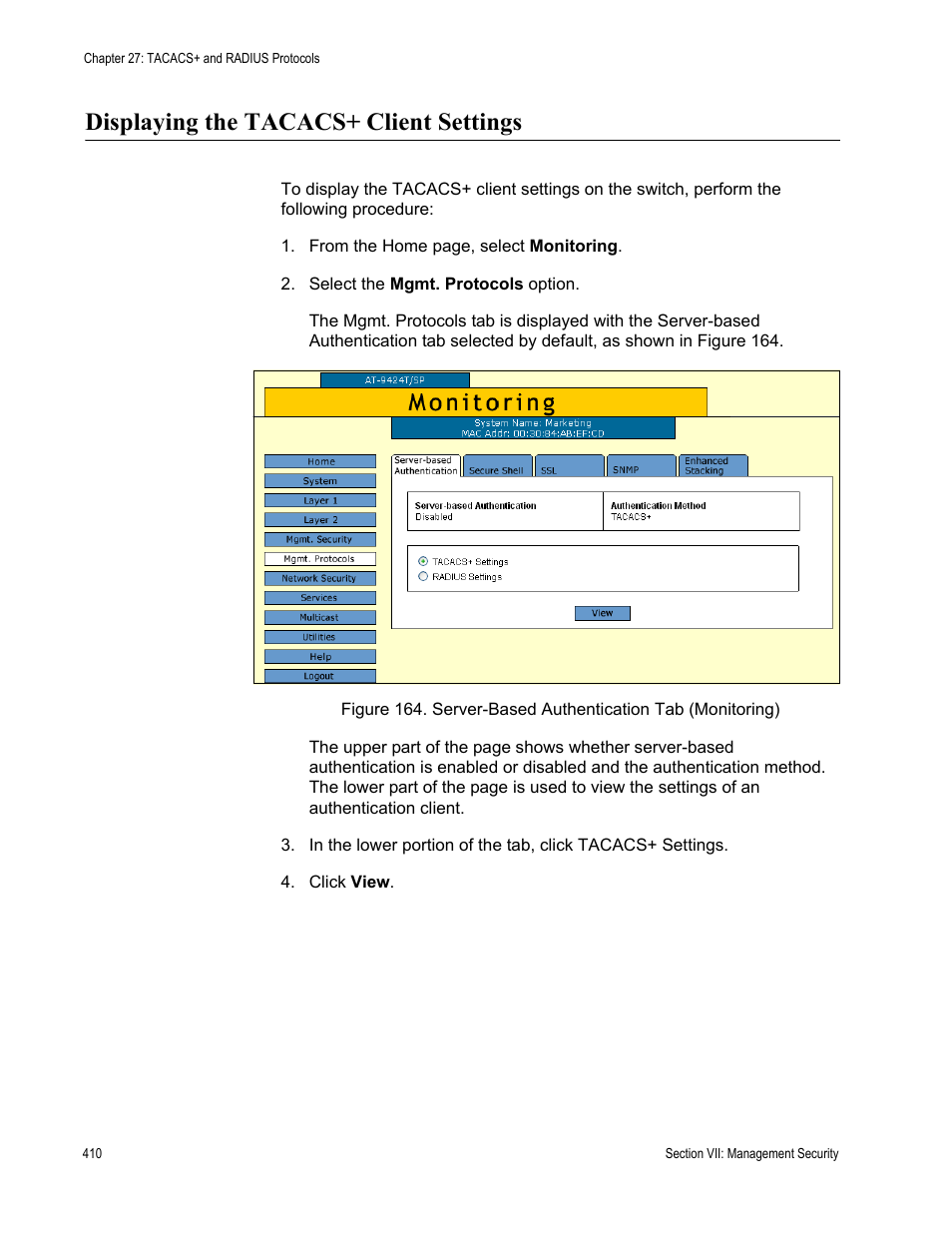 Displaying the tacacs+ client settings | Allied Telesis AT-S63 User Manual | Page 410 / 430