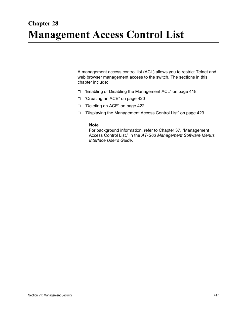 Chapter 28, Management access control list | Allied Telesis AT-S63 User Manual | Page 417 / 430