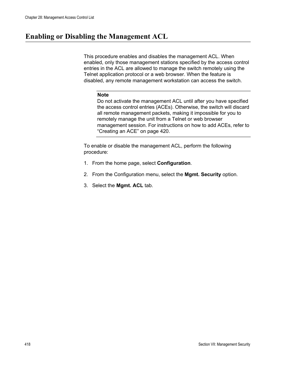 Enabling or disabling the management acl | Allied Telesis AT-S63 User Manual | Page 418 / 430