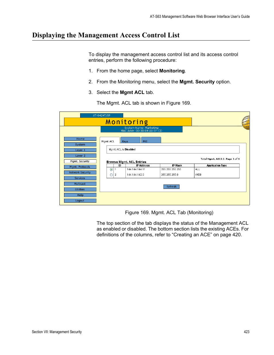 Displaying the management access control list | Allied Telesis AT-S63 User Manual | Page 423 / 430