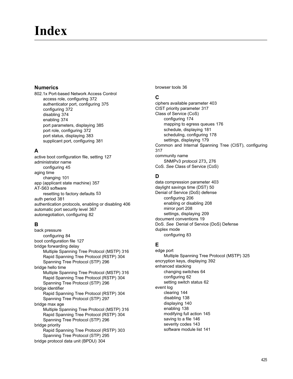 Index, Numerics | Allied Telesis AT-S63 User Manual | Page 425 / 430