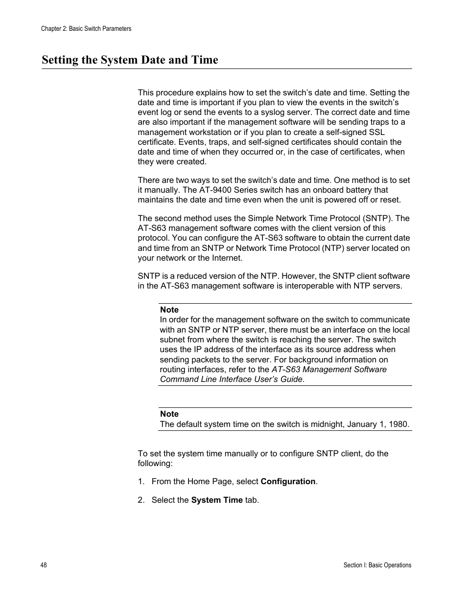 Setting the system date and time | Allied Telesis AT-S63 User Manual | Page 48 / 430