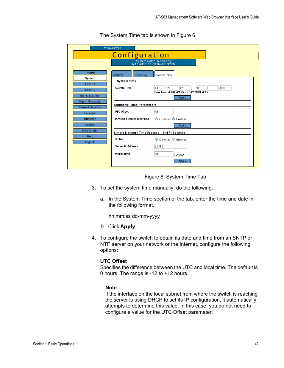 Figure 6: system time tab | Allied Telesis AT-S63 User Manual | Page 49 / 430