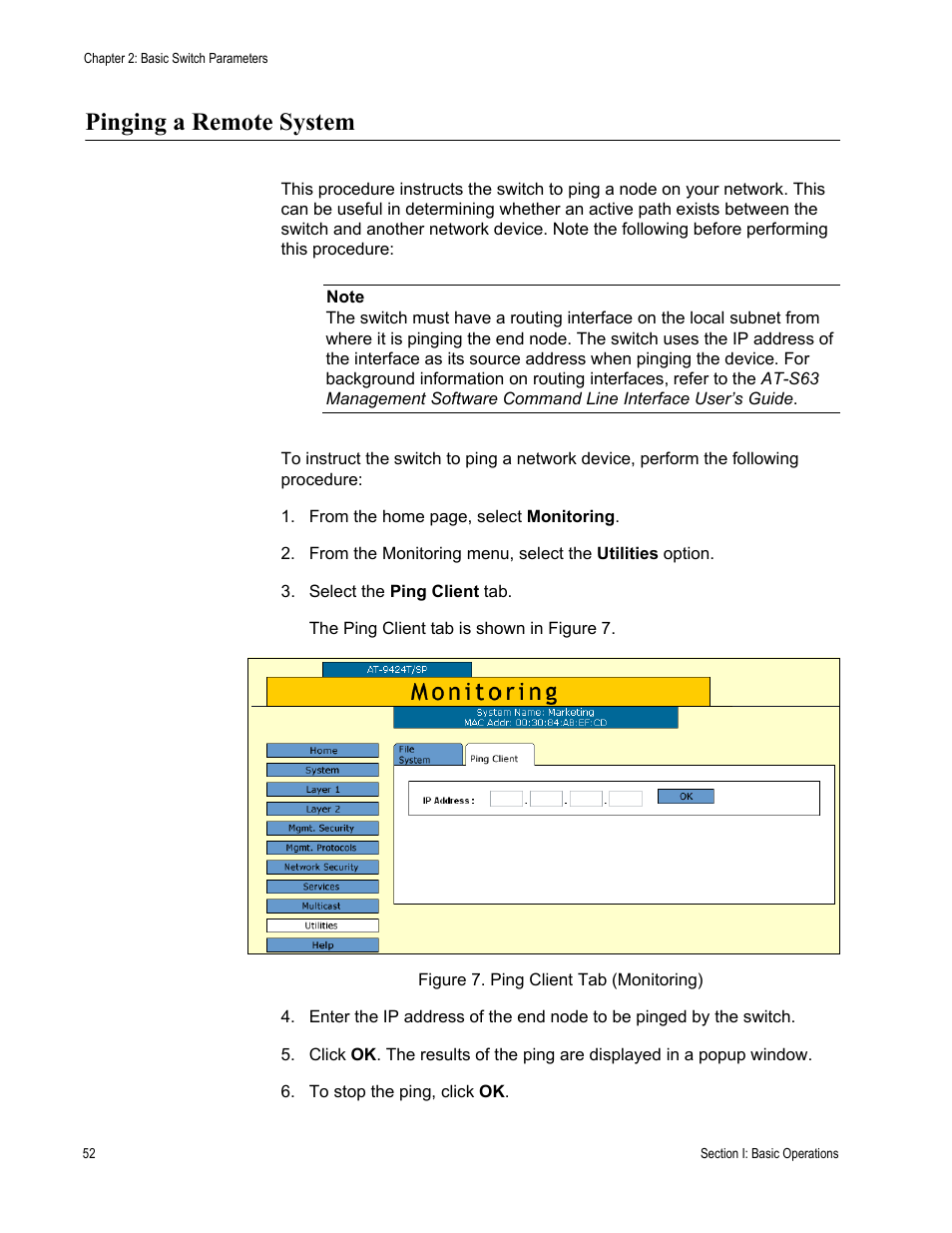 Pinging a remote system, Figure 7: ping client tab (monitoring) | Allied Telesis AT-S63 User Manual | Page 52 / 430