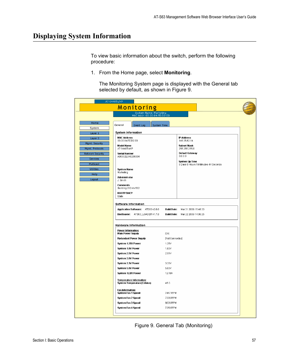 Displaying system information, Figure 9: general tab (monitoring) | Allied Telesis AT-S63 User Manual | Page 57 / 430