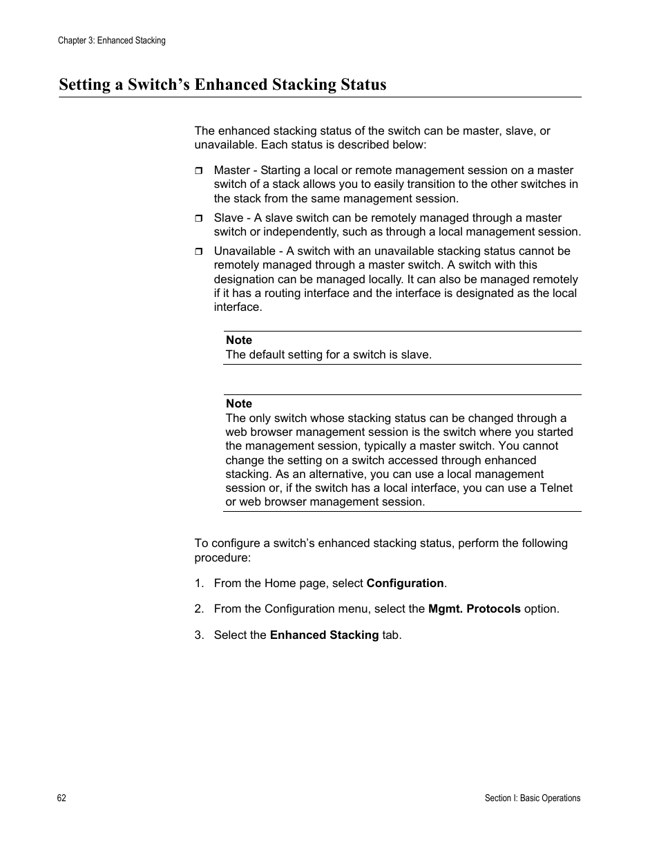 Setting a switch’s enhanced stacking status | Allied Telesis AT-S63 User Manual | Page 62 / 430