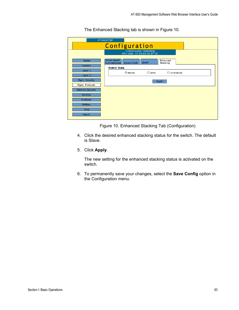 Figure 10: enhanced stacking tab (configuration) | Allied Telesis AT-S63 User Manual | Page 63 / 430