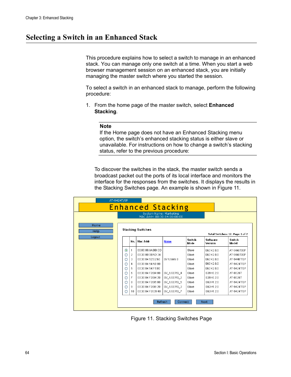 Selecting a switch in an enhanced stack | Allied Telesis AT-S63 User Manual | Page 64 / 430