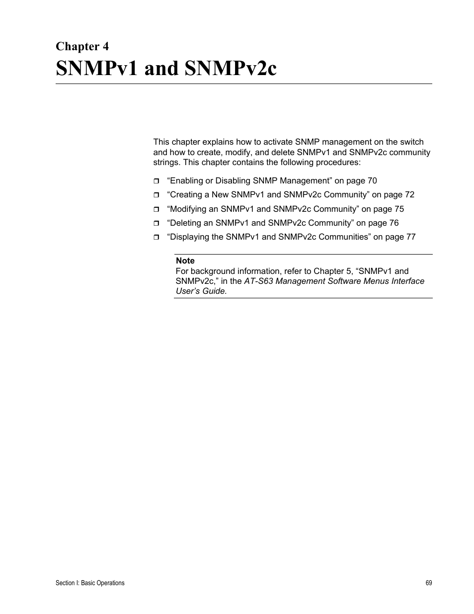 Chapter 4, Snmpv1 and snmpv2c, R 4: snmpv1 and snmpv2c | Chapter 4: snmpv1 and snmpv2c | Allied Telesis AT-S63 User Manual | Page 69 / 430