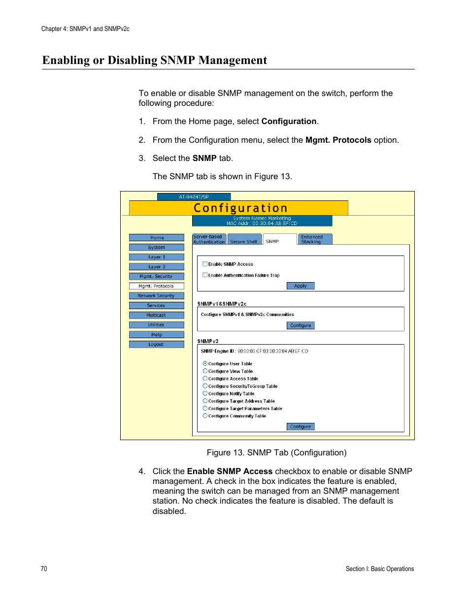 Enabling or disabling snmp management, Figure 13: snmp tab (configuration) | Allied Telesis AT-S63 User Manual | Page 70 / 430