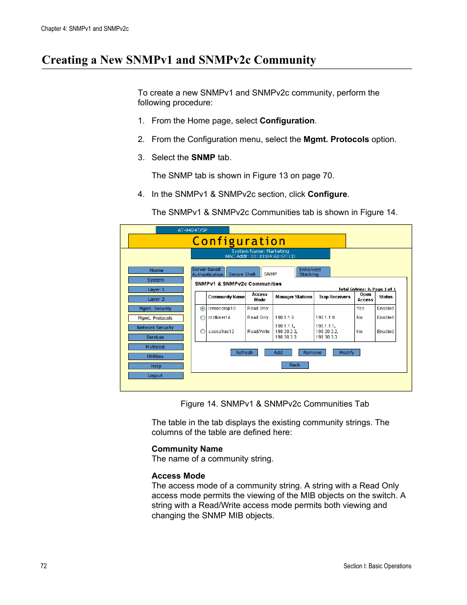 Creating a new snmpv1 and snmpv2c community, Figure 14: snmpv1 & snmpv2c communities tab | Allied Telesis AT-S63 User Manual | Page 72 / 430