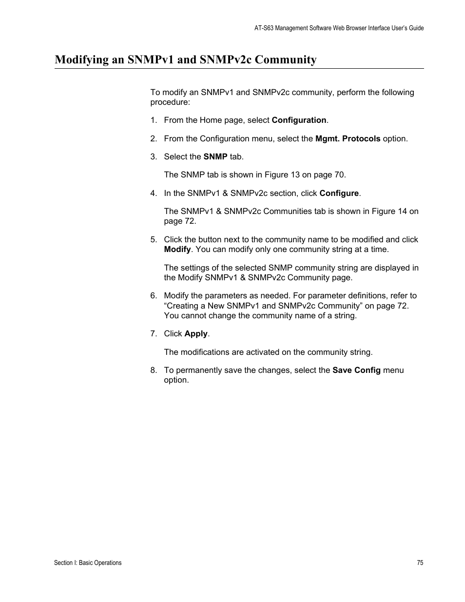 Modifying an snmpv1 and snmpv2c community | Allied Telesis AT-S63 User Manual | Page 75 / 430