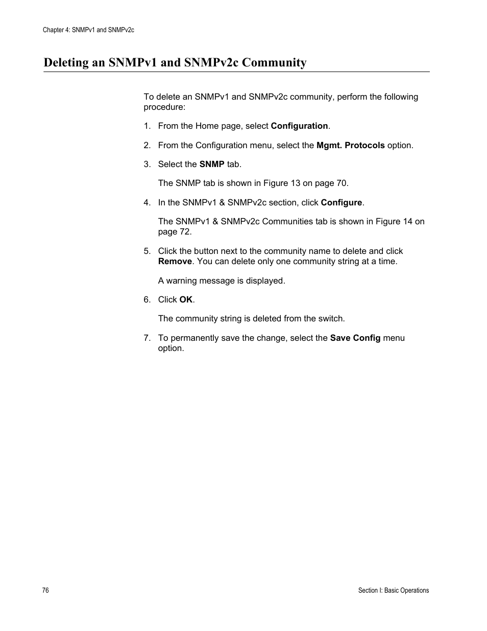 Deleting an snmpv1 and snmpv2c community | Allied Telesis AT-S63 User Manual | Page 76 / 430